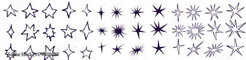 Black crayon hand drawn stars set. Childish doodled sparks and sparkles collection. Grunge rough brush stroke shine element pack for collage, poster, sticker. Kid sketched wax pencil symbols