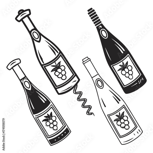 Four hand drawn style bottles of wine or champagne with grape labels and a corkscrew on a white background