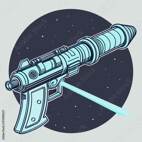 Futuristic sci fi ray gun firing a bright blue laser beam against a starry space background