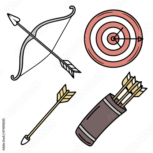 Illustration of a bow and arrow set with a target and quiver representing archery and aiming for success