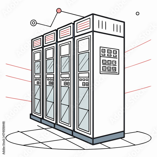 Modern server racks in a data center with glowing lines and abstract data visualization elements