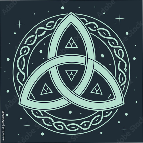 Mystical celtic triquetra knot symbol with intricate knotwork circle and celestial stars on a dark background