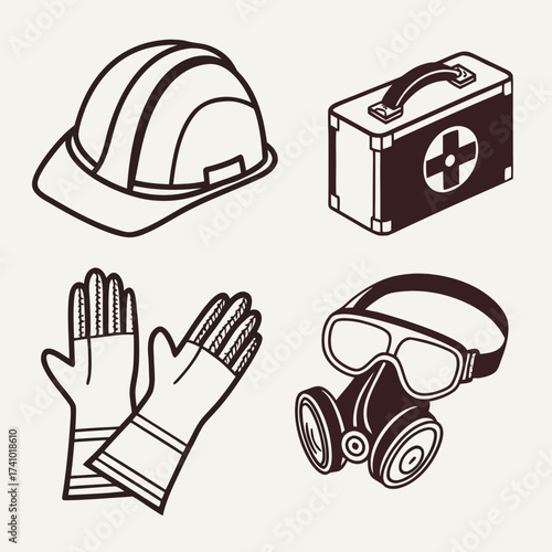 Set of four isometric line art icons representing safety equipment including a hard hat first aid kit gloves and gas mask