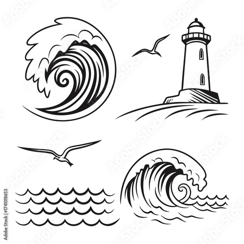 Stylized black and white graphic elements featuring crashing ocean waves a lighthouse and flying seagulls against a clean white background