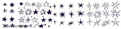 Black crayon hand drawn stars set. Childish doodled sparks and sparkles collection. Grunge rough brush stroke shine element pack for collage, poster, sticker. Kid sketched wax pencil symbols