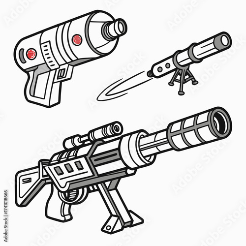 Stylized cartoon illustration of a futuristic laser gun a science fiction rifle and a telescope with a beam of light