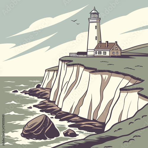 Stylized illustration of a tall white lighthouse and adjacent building perched atop dramatic white cliffs overlooking a rocky coastline and the sea under a cloudy sky with birds flying