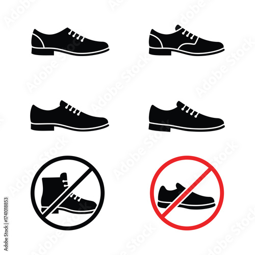 Black shoe silhouettes and prohibition signs showing footwear restrictions