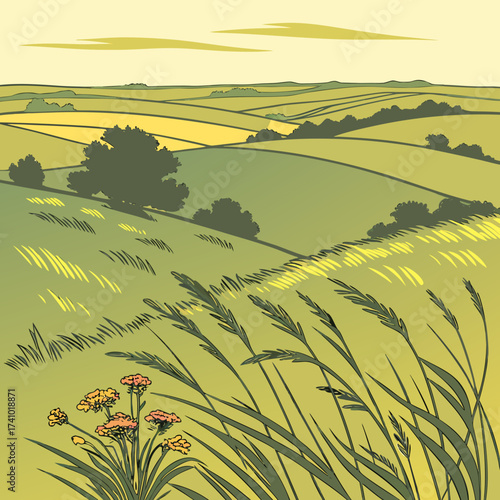 Stylized illustration of rolling green hills and fields under a pale yellow sky with wispy clouds and foreground grass and flowers