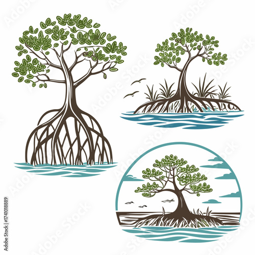 Stylized illustration of three mangrove trees with exposed roots growing in water and surrounded by vegetation and birds