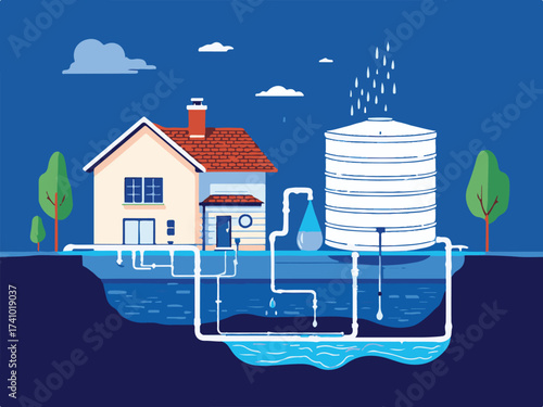 Vector Illustration of a Sustainable Home with Rainwater Harvesting System