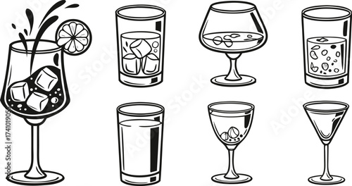 Collection of eight black and white line art cocktail and drink glasses beverage alcohol