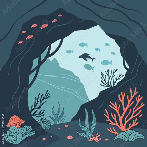 Stylized underwater scene with a dark cave entrance revealing a bright blue ocean with coral reefs and swimming fish