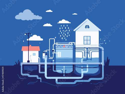 Vector Illustration of a Sustainable Home with Rainwater Harvesting System