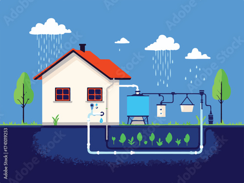 Vector Illustration of a Sustainable Home with Rainwater Harvesting System