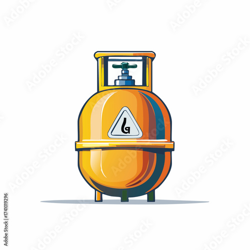 Vibrant yellow gas cylinder illustration, a common container for propane or LPG, featuring a safety valve and a warning symbol, ideal for portable energy supply