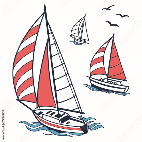 Three sailboats with red and white striped sails glide across blue ocean waves under a sky with three flying birds