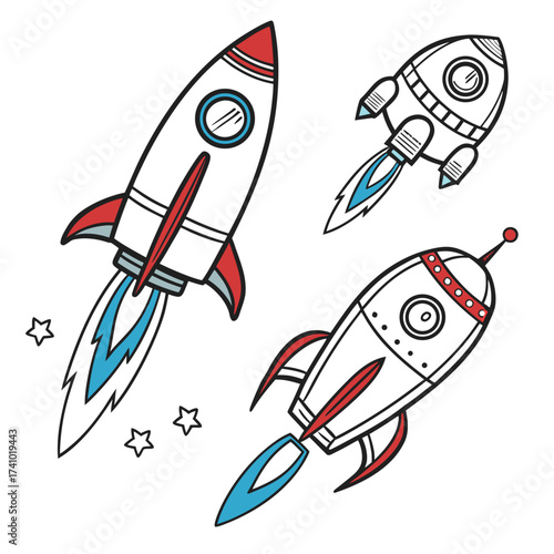 Three retro style cartoon rockets with fiery exhaust trails and stars flying through space
