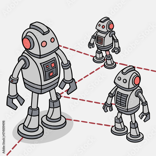 Three stylized cartoon robots connected by dashed red lines illustrating a network or communication system on a light gray background