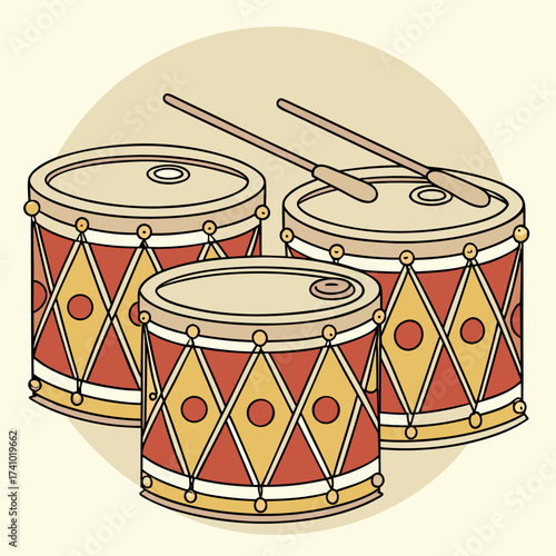 Three vintage style marching band drums with drumsticks resting on top in a playful cartoon illustration style