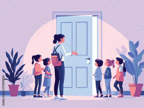 Teacher Greeting Students – School Entry Vector Illustration