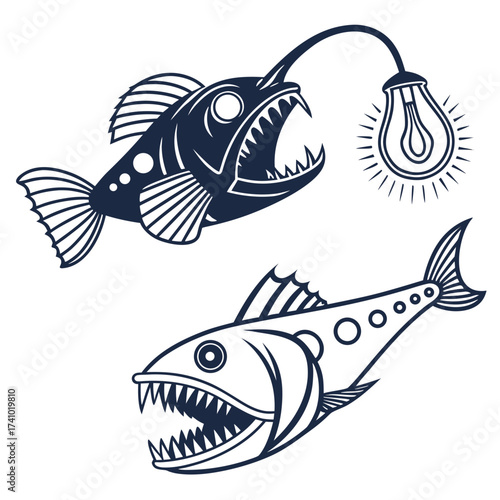 Two stylized deep sea predatory fish with sharp teeth and one anglerfish with a glowing lure illustration
