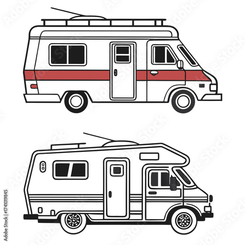 Two stylized line art illustrations of recreational vehicles or campers side view on a white background