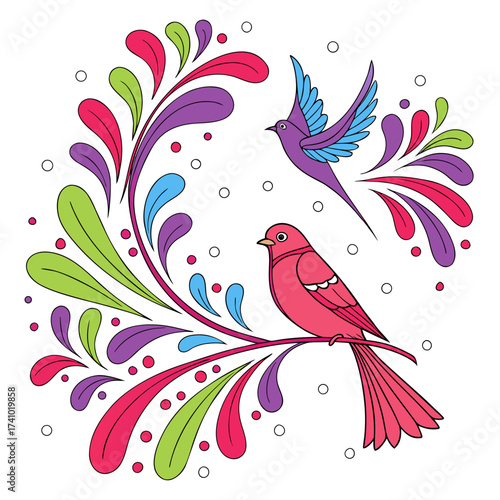 Vibrant illustration of two colorful birds perched and flying amidst abstract floral swirls and dots
