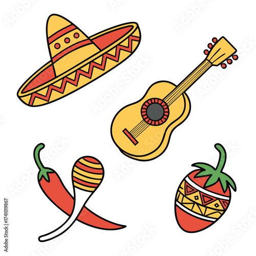 Vibrant mexican fiesta icons featuring a sombrero guitar chili peppers and maracas for celebration and culture