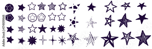 Black crayon hand drawn stars set. Childish doodled sparks and sparkles collection. Grunge rough brush stroke shine element pack for collage, poster, sticker. Kid sketched wax pencil symbols