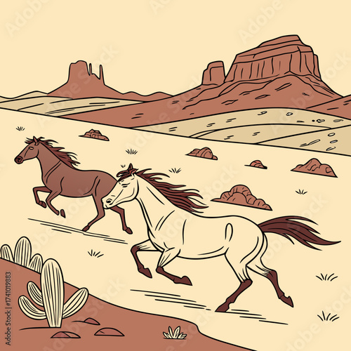 Two wild horses galloping across a vast desert landscape with mesas and cacti under a pale sky