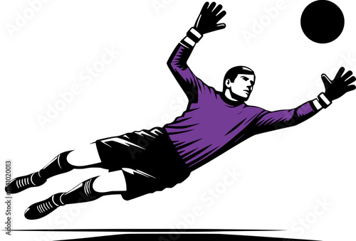 minimalist retro vector of a goalkeeper in purple and black jersey diving to save the soccer ball