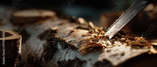 Closeup of a craftsman using a coping saw to carve a wooden log indoors, showcasing woodworking and traditional craftsmanship