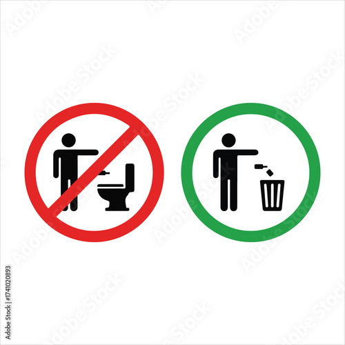 Please No Flush Litter in Toilet Sign. Allowed Throw Napkin, Paper, Pads, Towel in Waste Basket Silhouette Icon. Woman Please Throw Litter in Bin, No Toilet Pictogram. Isolated Vector Illustrator