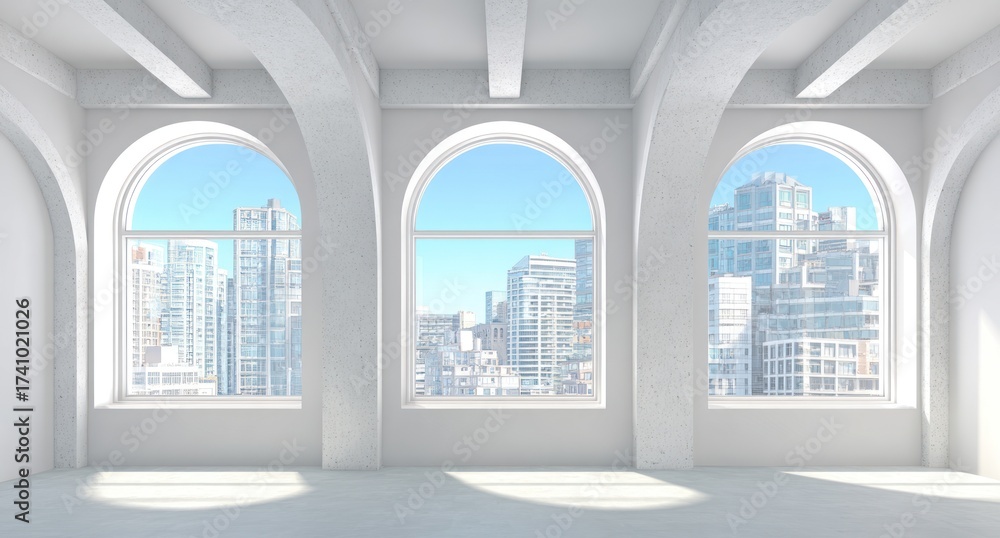 Fototapeta premium Bright, empty white room with arched windows showcasing a city skyline