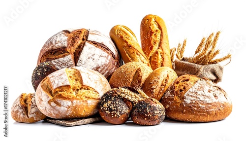 A variety of freshly baked breads isolated on a white background