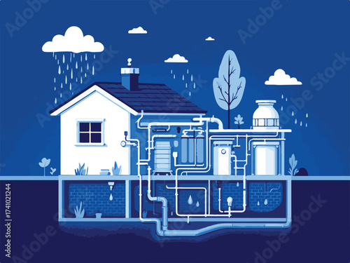 Vector Illustration of a Sustainable Home with Rainwater Harvesting System