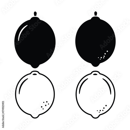Black and white illustration depicting two limes and two lemons