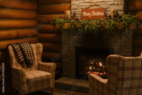 Rustic log cabin interior with a stone fireplace, two comfortable armchairs, and a merry christmas sign, creating a warm and inviting holiday atmosphere