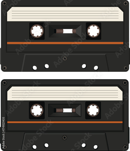 Vintage black cassette tape flat vector illustration