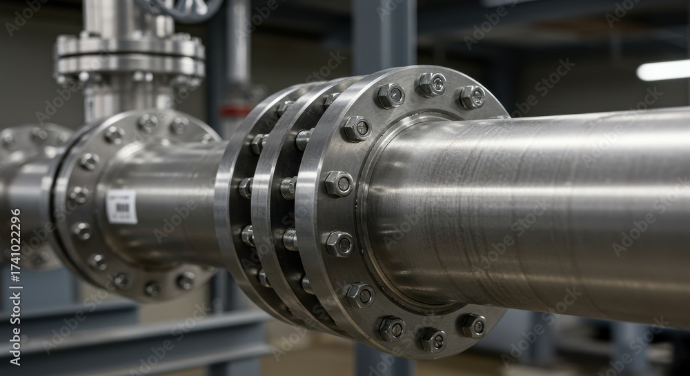 Obraz premium Closeup of a stainless steel pipe with flanges and bolts in an industrial setting