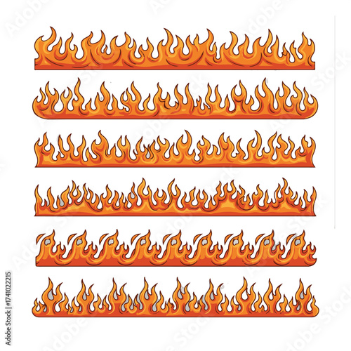 Cartoon fire borders vector set. Seamless horizontal flames, blazing dividers, and hot flaming banners. Wildfire, campfire, and firestorm-inspired burning lines