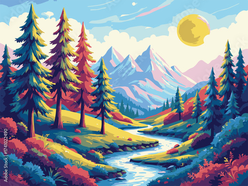 landscape with mountains, trees, and lakes