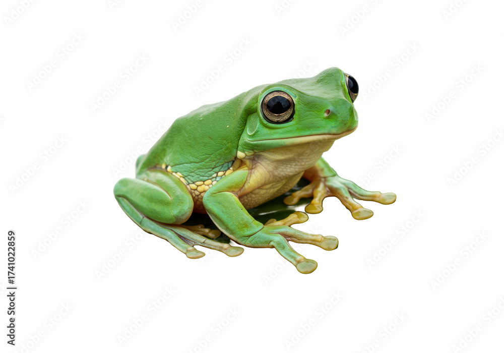 Obraz premium Green tree frog isolated PNG, amphibian with big eyes sitting on transparent background, exotic pet for wildlife and nature projects