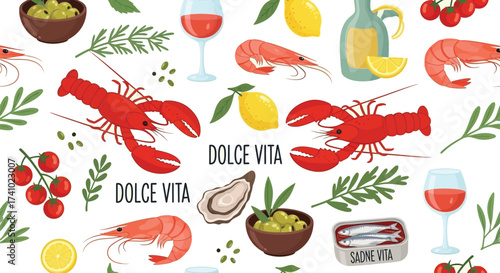 Vibrant italian seafood and wine pattern with dolce vita text