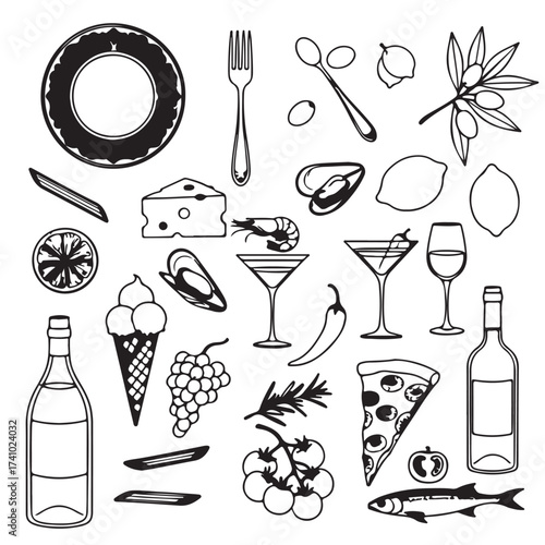 Hand-drawn Italian food set – Mediterranean lunch and dinner doodle icons featuring pasta, olives, pizza, cheese, tomatoes, lemons, and wine. Inspired by la dolce vita aesthetics.