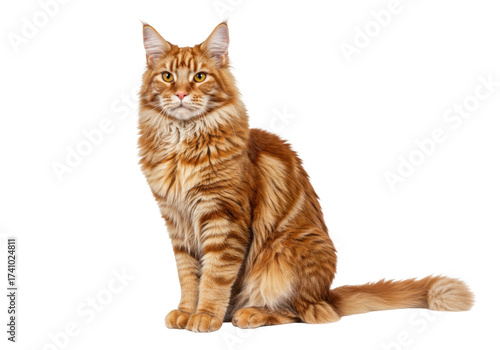 Majestic red Maine Coon cat isolated on transparent background, beautiful ginger tabby feline breed for pet lovers and animal themes PNG