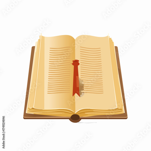 Vector graphic of an open ancient tome with weathered pages and a ribbon marker, perfect for educational or historical design concepts