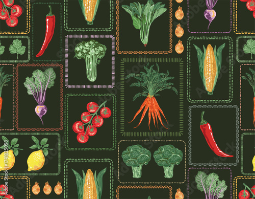 Trendy hand drawn vegetables sketch. Vintage seamless pattern vector with fresh pick vegetables from farm