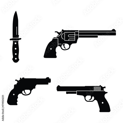 Black silhouette depictions of a knife and several different firearms